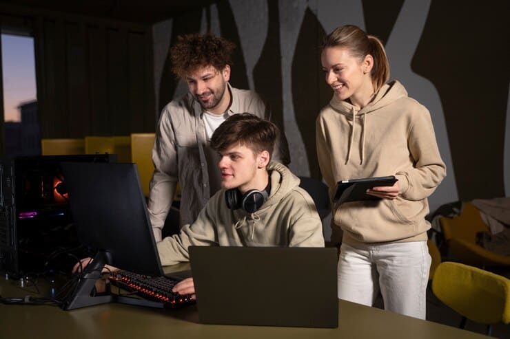 Professional software development team working on innovative projects
